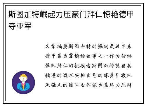 斯图加特崛起力压豪门拜仁惊艳德甲夺亚军